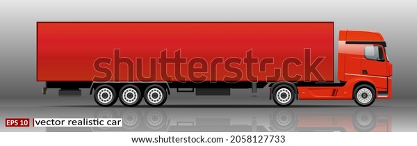 Vector truck, lorry, semitrailer,\
side view. Red blank template truck, semi-trailer for advertising.\
Freight transportation. Modern flat vector\
illustration