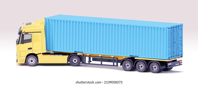 Vector truck with semi-trailer and cargo container. Intermodal cargo container transportation. International trade and logistics illustration