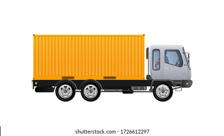 Vector truck side view. Delivery of cargo. Solid and flat color design. Yellow truck for transportation. Separately on a white background.