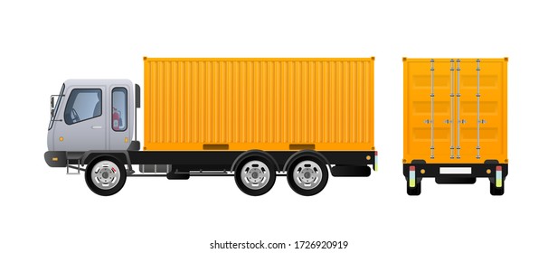 Vector truck side view. Delivery of cargo. Solid and flat color design. Yellow truck for transportation. Separately on a white background.