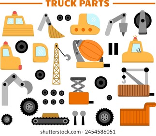 Vector truck spare parts set. Special transport details collection. Construction site, road work, building transport icons with body, cabin, wheel, scoop, crane, platform for bulldozer, tractor, truck