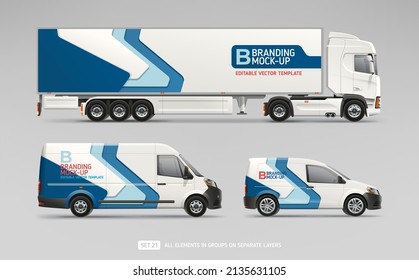 Vector Truck Trailer, Cargo Van, Company Car with branding design - realistic mock-up set. Abstract geometric graphics design for Business Corporate identity on Company Cars. Delivery Transport