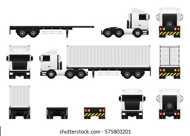 Vector de remolque de camión con contenedores en diferentes vistas aisladas sobre fondo blanco.