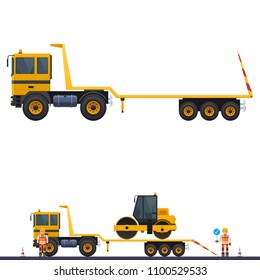Vector truck with trailer, illustration truck trailer ice rink and road worker in helmet