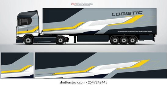 Vector truck trailer livery design  template. Truck Cargo delivering vehicle paintjob. Mock up and design on separate layers vector files.