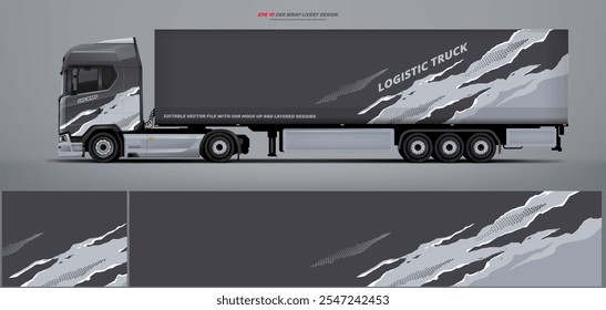 Vector truck trailer livery design  template. Truck Cargo delivering vehicle paintjob. Mock up and design on separate layers vector files.