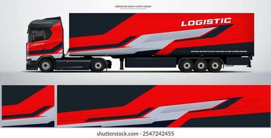 Vector truck trailer livery design  template. Truck Cargo delivering vehicle paintjob. Mock up and design on separate layers vector files.