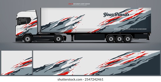 Vector truck trailer livery design  template. Truck Cargo delivering vehicle paintjob. Mock up and design on separate layers vector files.