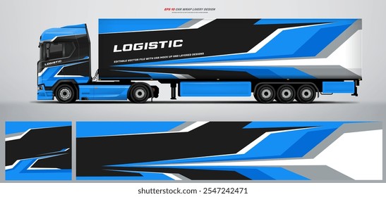 Vector truck trailer livery design  template. Truck Cargo delivering vehicle paintjob. Mock up and design on separate layers vector files.