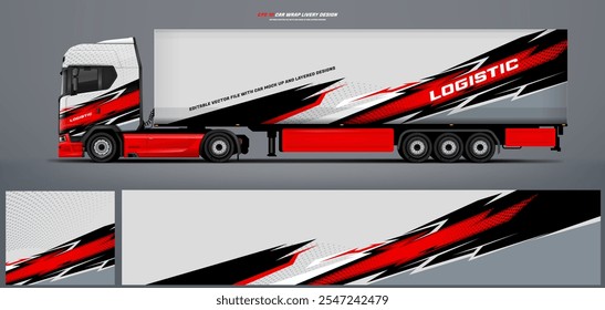 Vector truck trailer livery design  template. Truck Cargo delivering vehicle paintjob. Mock up and design on separate layers vector files.