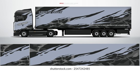 Vector truck trailer livery design  template. Truck Cargo delivering vehicle paintjob. Mock up and design on separate layers vector files.