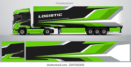 Vector truck trailer livery design  template. Truck Cargo delivering vehicle paintjob. Mock up and design on separate layers vector files.