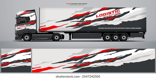 Vector truck trailer livery design  template. Truck Cargo delivering vehicle paintjob. Mock up and design on separate layers vector files.