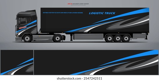 Vector truck trailer livery design  template. Truck Cargo delivering vehicle paintjob. Mock up and design on separate layers vector files.