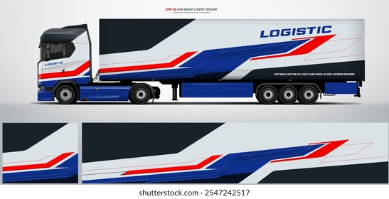 Vector truck trailer livery design  template. Truck Cargo delivering vehicle paintjob. Mock up and design on separate layers vector files.