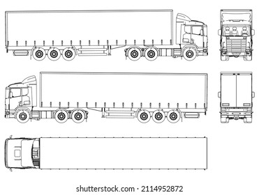 Vector truck trailer outline. Commercial vehicle. Cargo delivering vehicle.