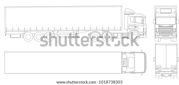 Vector truck\
trailer outline. Commercial vehicle. Cargo delivering vehicle. View\
from side, front, back,\
top.