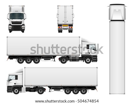 Vector truck trailer template isolated on white background. Cargo delivering vehicle. All elements in groups on separate layers.