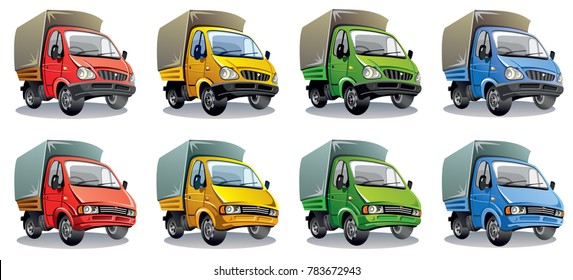 Vector trucks of different colors isolated on white background