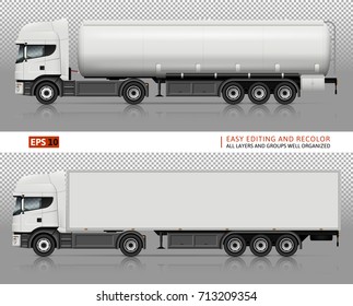 Vector Trucks On Transparent Background. Isolated Tanker Truck. Template For Advertising And Corporate Identity. Vehicle Branding Mockup. All Layers And Groups Well Organized For Easy Editing.