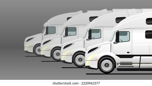 vector trucks stand in a row, truck parking, with white cabs, templates, mockup for advertising, banners, sites.