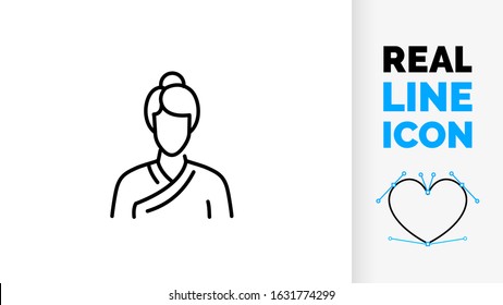 Vector true line icon of a female asian Chinese person with eastern woman cloths representing old Japanese people and young Thai girl in a black editable stroke illustration design logo style symbol