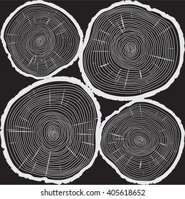 Vector Trunk and rings of Tree. Black Illustration and Background