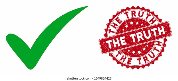 Vector the truth icon and corroded round stamp seal with The Truth text. Flat the truth icon is isolated on a white background. The Truth stamp seal uses red color and grunged surface.