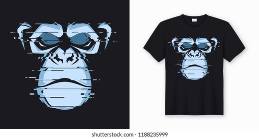 Vector t-shirt and apparel design with glitchy head of a chimp ape. Global swatches.
