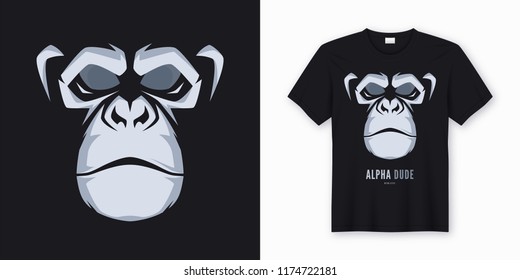 Vector t-shirt and apparel design, print, poster with styled face of a chimp ape. Global swatches.