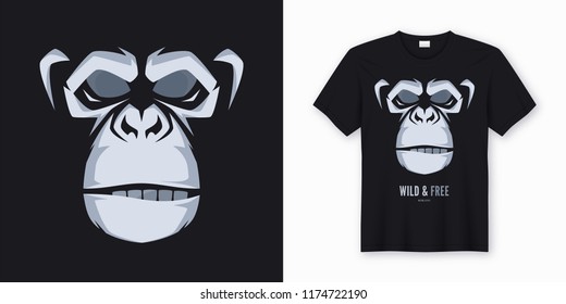 Vector t-shirt and apparel design, print, poster with styled face of a chimp ape. Global swatches.