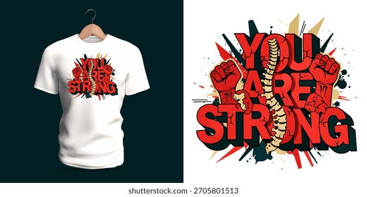 Arte de camiseta vetorial com inscrições no estilo grafite "VOCÊ É FORTE", ilustrada com punhos em relevo, contornos arrojados e manchas coloridas retratando o empoderamento, a resiliência e a rua confiante