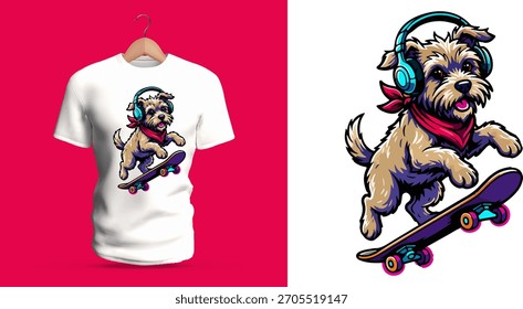 Vector T-shirt artwork showing a small dog skateboarding with headphones on, drawn in vibrant cartoon style with expressive fur, playful energy, and dynamic movement capturing fun, youthfulness