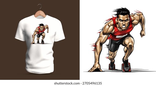 Arte de camiseta vetorial de um velocista em uma posição inicial explosiva, músculos totalmente engajados, inclinando-se para frente agressivamente com acentos de movimento afiado que capturam potência bruta, velocidade, prontidão atlética