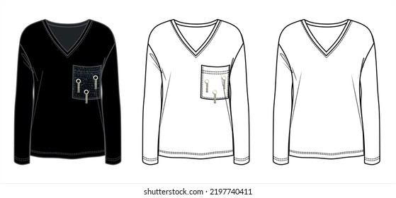 Camiseta vectorial con los ojos de cadena CAD , boceto de la blusa de manga larga para mujeres, dibujo técnico para mujeres de cuello V, plantilla, plano, burla. Parte superior moderna de Jersey con vista frontal, trasera, color blanco