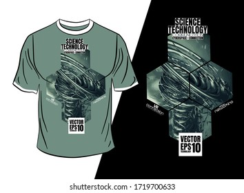 Vector T-shirt design, abstract technology concept with 3D rendering background