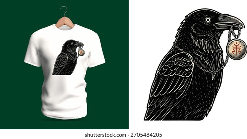 Design de camiseta vetorial de um corvo preto segurando um pingente de talismã redondo em seu bico. Linhas de penas intrincadas, curvas de bico afiadas e sombreamento sutil criam uma misteriosa ilustração aviária escura