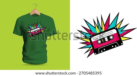 Vector T-shirt design of a bright retro cassette tape surrounded by colorful starburst rays. The bold outlines, neon shades, and playful vintage style create a nostalgic pop-inspired graphic