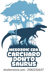 vector t-shirt design with carcharodontosaurus in jungle. Vector sticker with carcharodontosaurus and pterodactyls