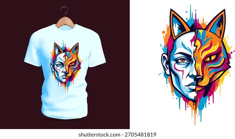 O design de camiseta vetorial de um rosto de estátua clássico parcialmente coberto por uma máscara felina colorida pingando com listras semelhantes a pinturas. Laranjas brilhantes, rosas e azuis se misturam com a textura de pedra