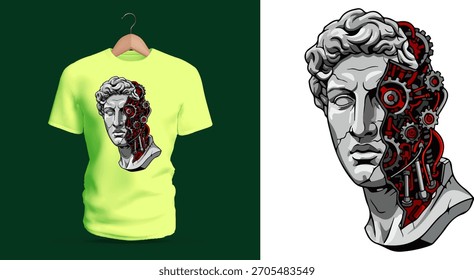 Design de camiseta vetorial de uma cabeça de estátua clássica fundida mecanicamente com engrenagens expostas, fios e texturas robóticas de um lado. O contraste entre pedra e peças metálicas vermelhas da máquina se forma