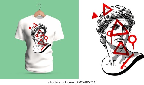 Design de camiseta vetorial de um busto de estátua clássico intersecionado por símbolos geométricos vermelhos abstratos. O sombreamento de pedra limpa contrasta com marcas triangulares e circulares afiadas, formando um