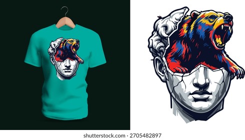 Vector T-shirt design of a classical stone statue head partially merged with a roaring bear whose upper body replaces the top of the sculpture. Bold shadows, textured stone cracks