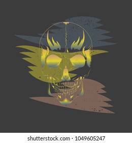vector t-shirt design concept. multicolored human skull on grunge background. three color brush strokes
