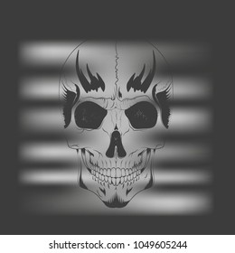 vector t-shirt design concept. the silhouette of a human skull looking through the lighted grille shutters on a black background