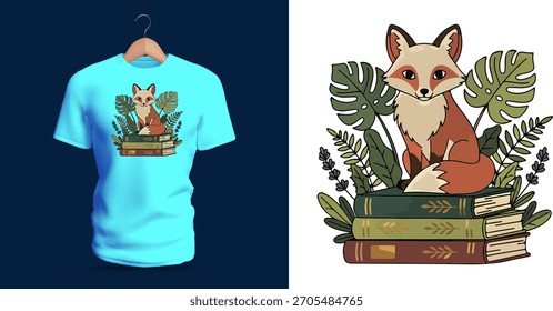 Vetor T-shirt design de uma raposa bonito sentado no topo de uma pilha de livros cercado por plantas folhosas. Detalhes de pele macia, olhos expressivos e folhagem decorativa criam uma ilustração encantadora e acolhedora da floresta.