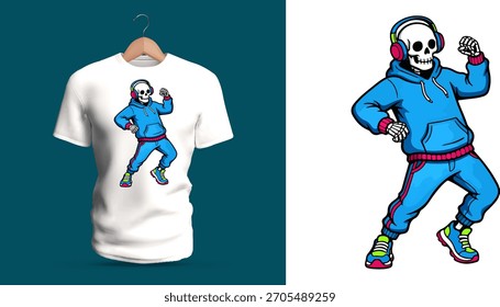 Vector T-shirt design of a dancing skeleton wearing a hoodie, joggers, and colorful sneakers. The lively pose, bright outfit details, and playful bone structure create a fun energetic street-dance 