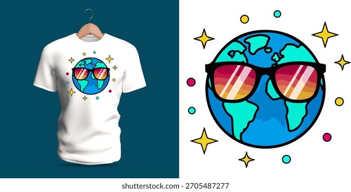 Vector T-shirt design of the Earth drawn as a smiling face wearing colorful sunglasses, surrounded by twinkling stars and fun decorative dots. Bright blues, pinks, and yellows create a cheerful cosmic