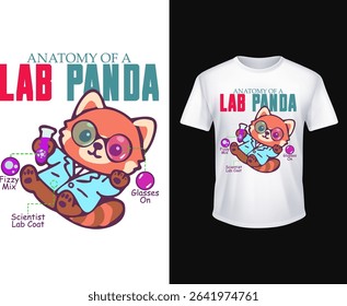 Vector t-shirt design featuring a cute red panda scientist anatomy with lab coat, fizzy mix and glasses. Bright flat illustration ideal for back-to-school apparel, geek culture and fun streetwear.	