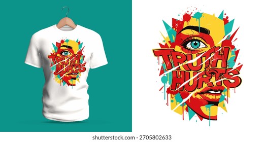 Design de camiseta vetorial com a frase de grafite "VERDADE DÓI", mostrada com um rosto fragmentado, formas angulares coloridas e efeitos expressivos representando emoção, conflito interno e arte